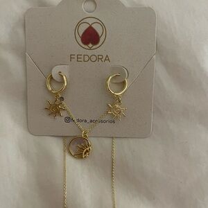Gold Sun Charm Necklace and Earring Set